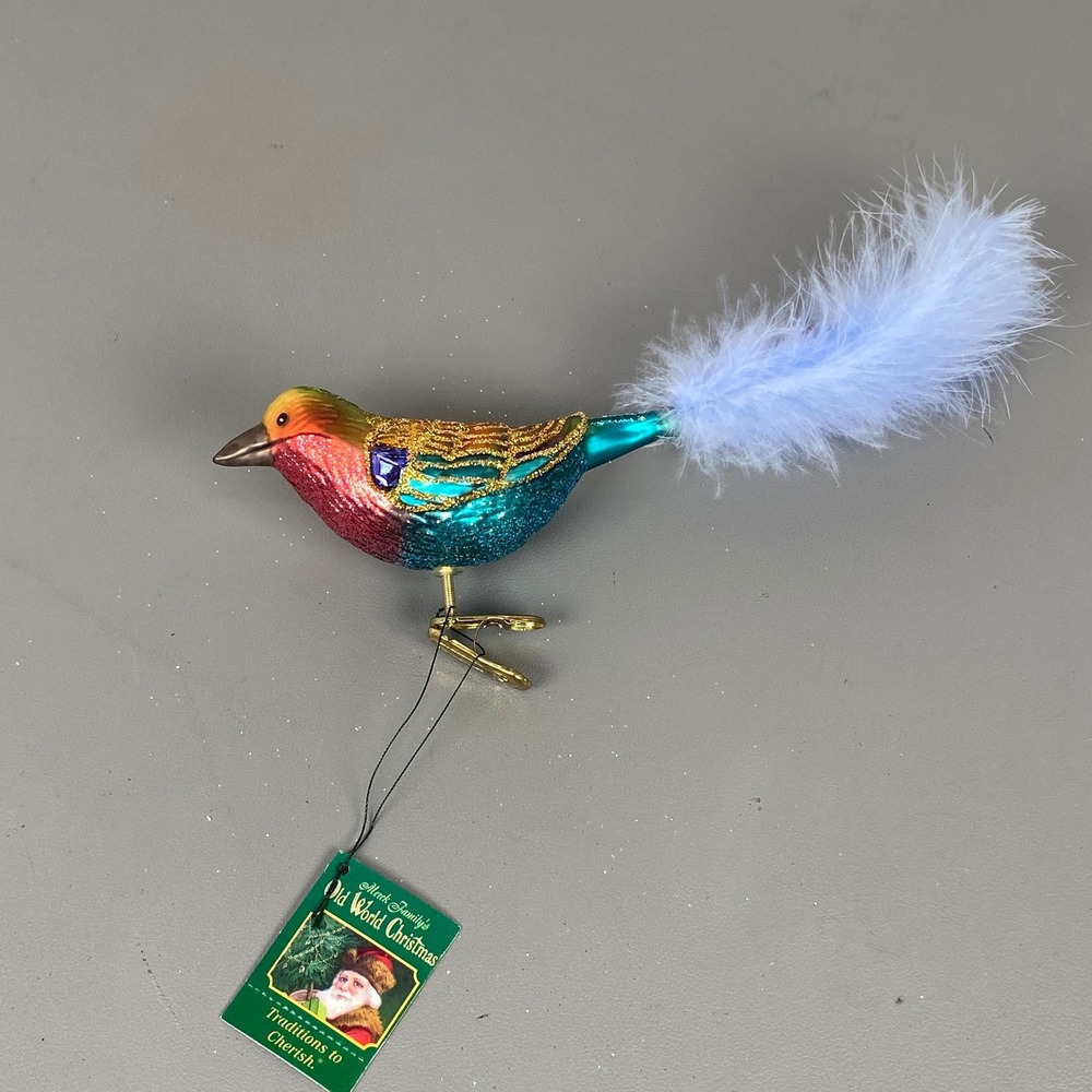 Old World Christmas Rainbow Bird Glass Holiday Ornament Feather Tail Clip On